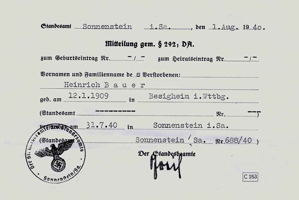 Biografie: Heinrich Bauer, Todesanzeige Grafeneck Sonnenstein