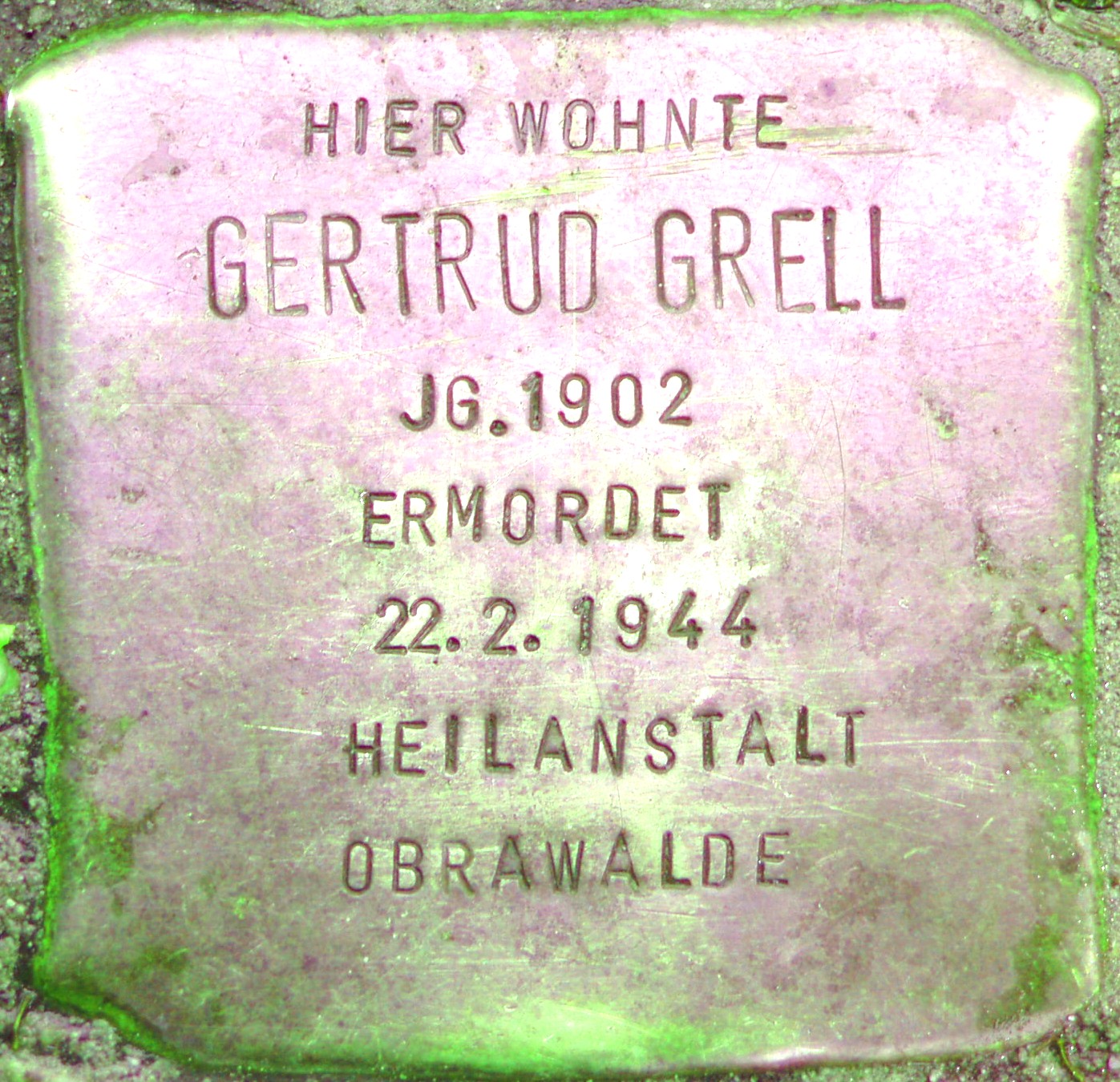 Historischer Ort: Stolperstein für Gertrud Grell, Foto des Stolpersteines