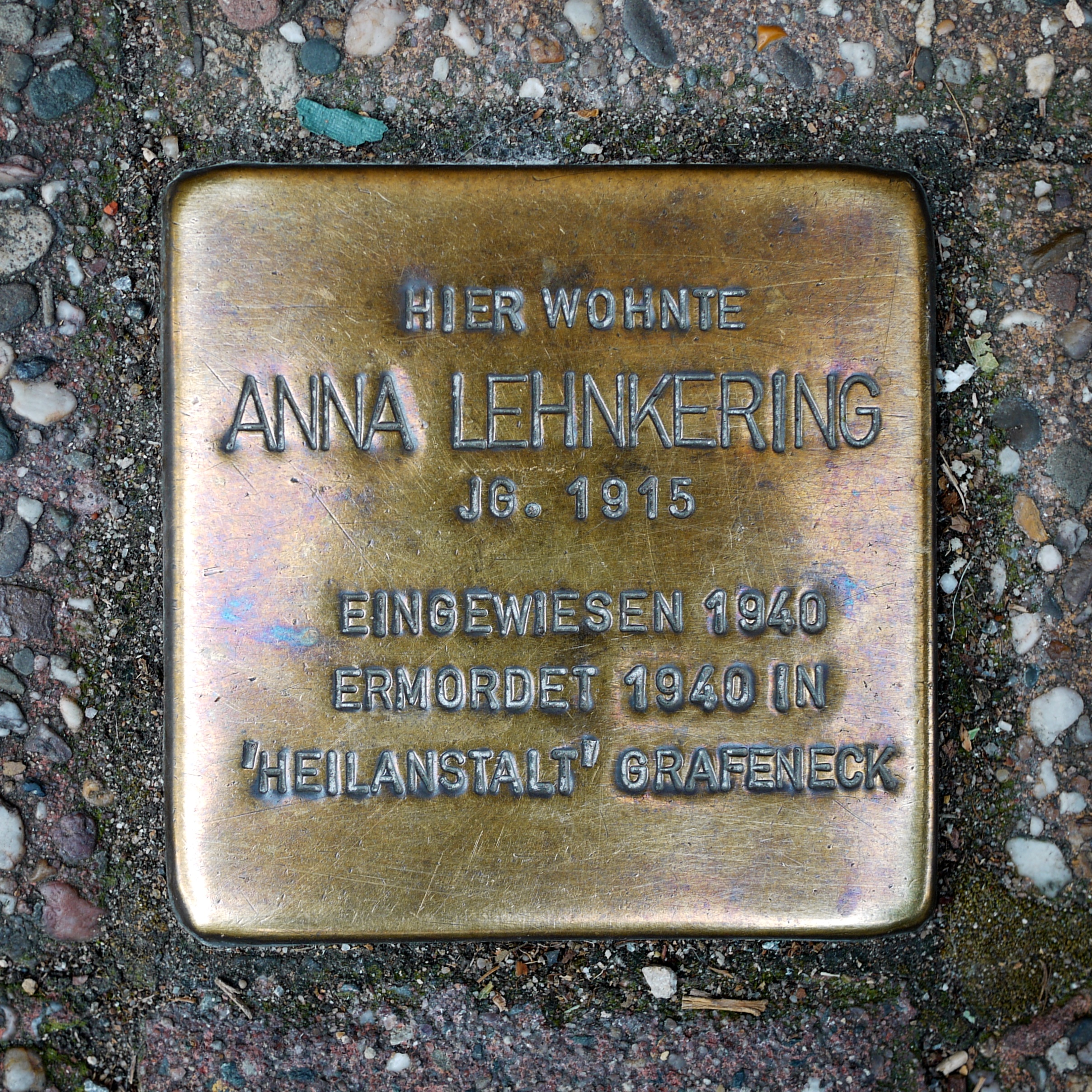 Historischer Ort: Stolperstein für Anna Lehnkering, Foto des Stolpersteines