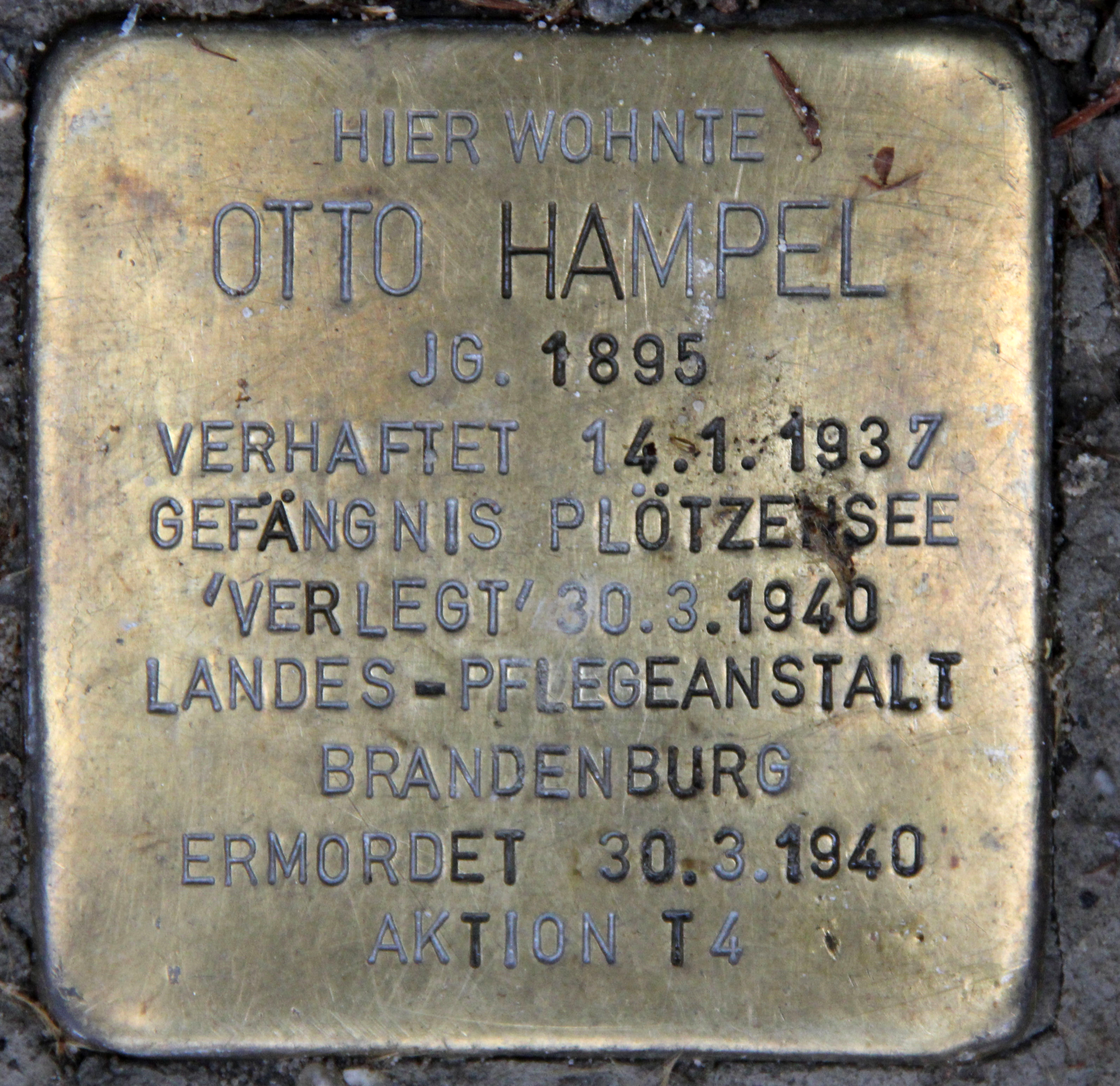 Historischer Ort: Stolperstein für Otto Hampel, Foto des Stolpersteines