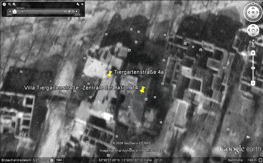 Historischer Ort: Tiergartenstrasse 4, Google Earth 1945